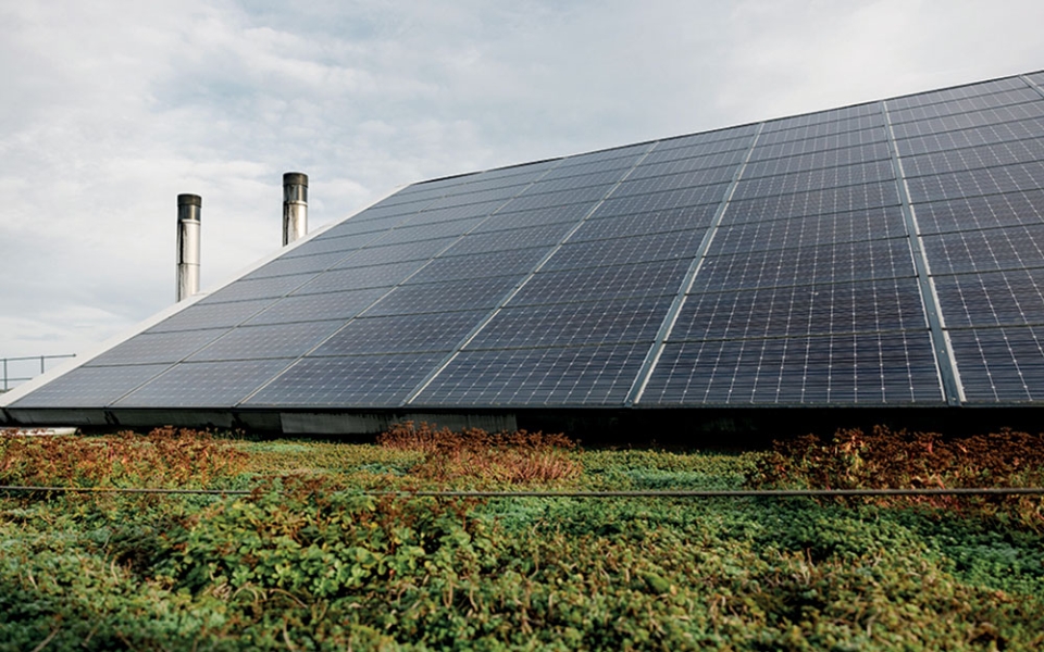Panneaux solaires adaptés à la luminosité du Nord. L’usine produit ainsi 45 % de ses besoins en électricité. Sur 8 000 m2 de toiture, 5 000 m2 ont été végétalisés, ce qui permet de climatiser les ateliers de manière naturelle et de récupérer l’eau de pluie. Cette dernière est utilisée pour le lavage des machines, des sols ou pour les toilettes…