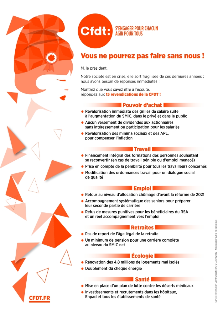 Tract des quinze revendications CFDT pour le nouveau quinquennat du Président Macron