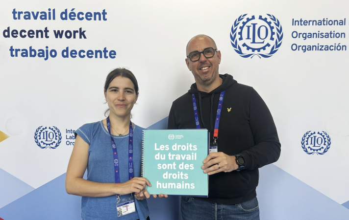 Lucie Morpurgo, secrétaire confédérale CFDT chargée des dossiers “numérique/IA” et “indépendants”, et Fabian Tosolini, délégué national “livreurs/VTC” pour Union-Indépendants, comptaient parmi les représentants de la commission normative sur le travail décent dans l’économie des plateformes présents à l’OIT début juin.