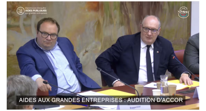À gauche, Fabien Gay (PC), rapporteur de la commission d’enquête du Sénat ; à droite, Olivier Rietmann (LR), le président de ladite commission sur l’utilisation des aides publiques aux grandes entreprises…