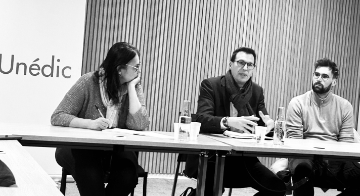 De gauche à droite : Patricia Ferrand (vice-présidente de l’Unédic et de France Travail), Olivier Guivarch (secrétaire national CFDT) et Florian Pipard, secrétaire confédéral CFDT, juriste en droit social.