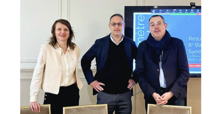 Claire Morel et Nicolas Weinstein, membres du comité de direction de Syndex, et Jérôme Fourquet, directeur du département Opinion et Stratégies d’entreprise du Groupe Ifop, ont dévoilé le 22 janvier les résultats du huitième baromètre sur l’état du dialogue social en France.