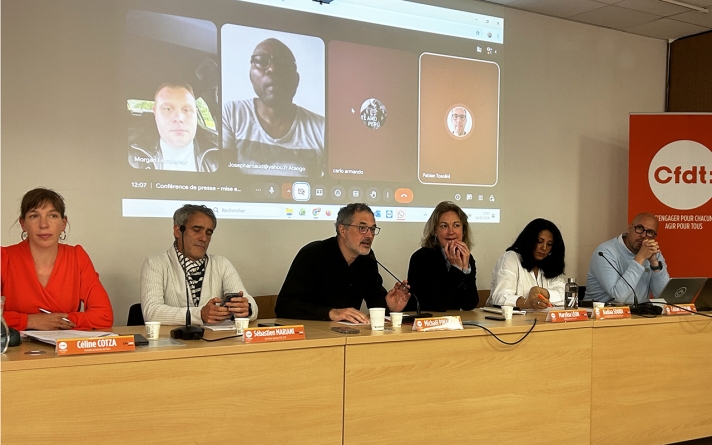Conférence de presse Union-Indépendants, CFDT et avec la participation de plusieurs livreurs, le 18 mai 2026.