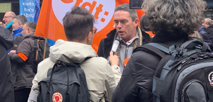 Yvan Ricordeau, le secrétaire national chargé du dossier des retraites, interviewé lors de la journée de mobilisation du 23 mars.