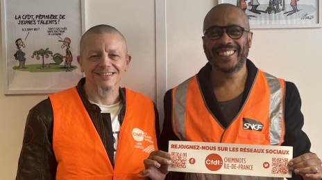 Christophe Cagnard (à gauche) et Frédéric Bellechasse, du Syndicat CFDT des cheminots de Paris Nord.