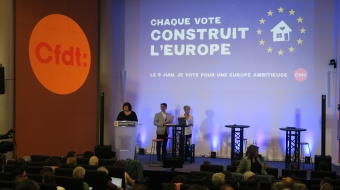 La secrétaire nationale Béatrice Lestic (à la tribune) a présenté en préambule le grand oral des candidats aux élections européennes qui s'est tenu le jeudi 23 mai dans les locaux de la Confédération.