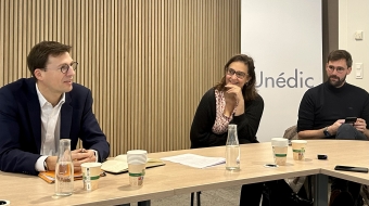 De gauche à droite : Olivier Guivarch, secrétaire national chef de file CFDT de la négociation ; Patricia Ferrand, vice-présidente CFDT de l’Unédic et de France Travail ; Florian Pipard, secrétaire confédéral et juriste à la CFDT.